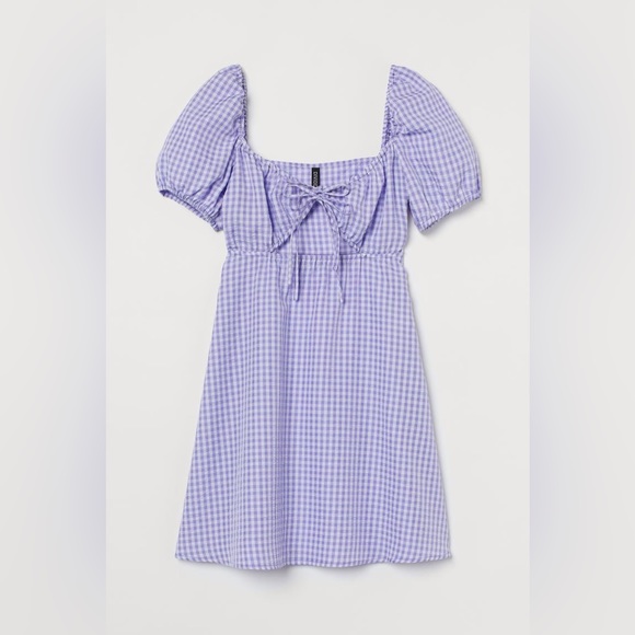 H&M Light Purple Gingham Checkered Puff-Sleeve A-Line Short Dress - Picture 1 of 6